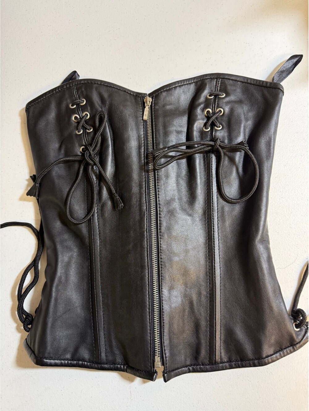 Black Genuine Soft Leather Corset Top with Lace-Up Back Front Zipper Size Small
